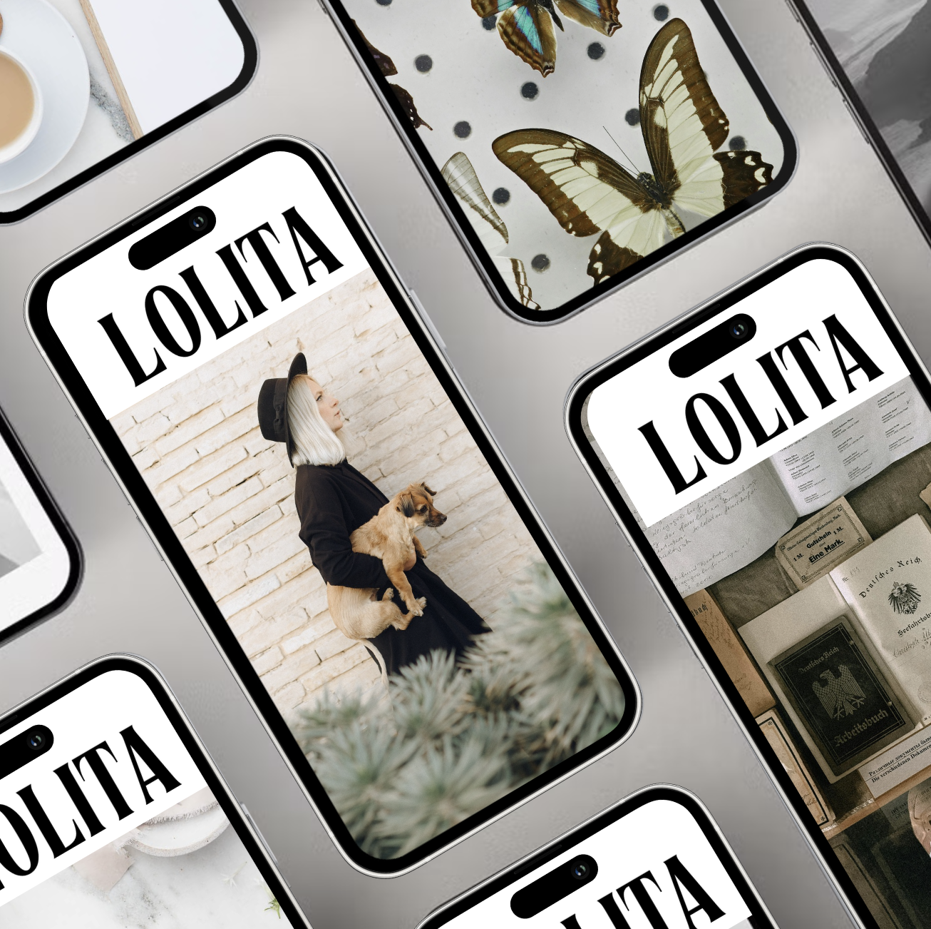 iPhone mockups of branding concept for Lolita, a wedding photographer.